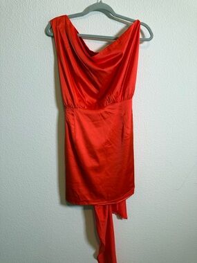 RNWY Orange Satin Mini Dress Draped Cowl Neck Asymmetrical Party Cocktail M